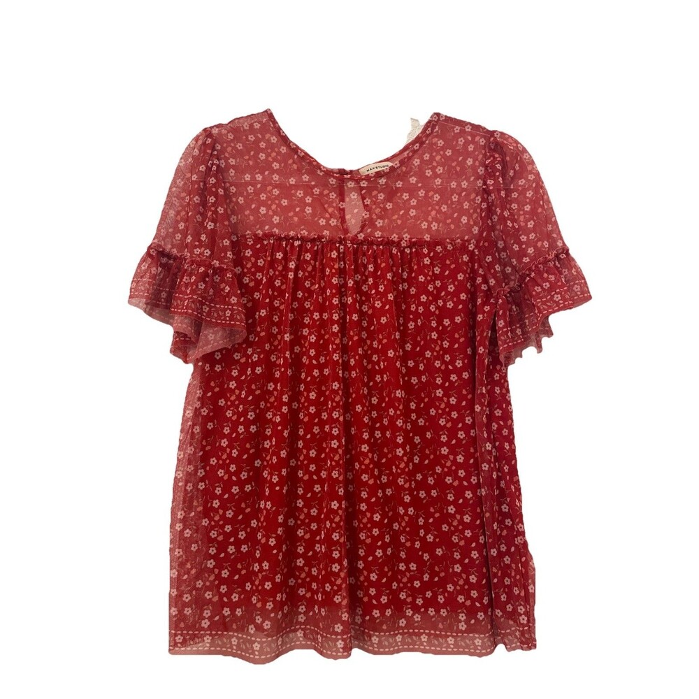 Max Studio Medium Red Sheer Floral Print Flutter Sleeve Blouse Top Boho